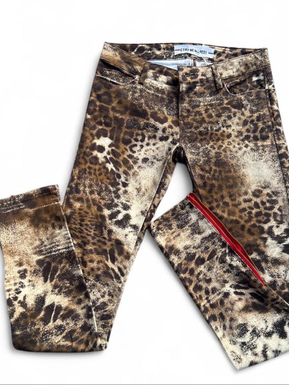 Etienne Marcel Brown Cheetah-Print Skinny Jeans with Red Zip
